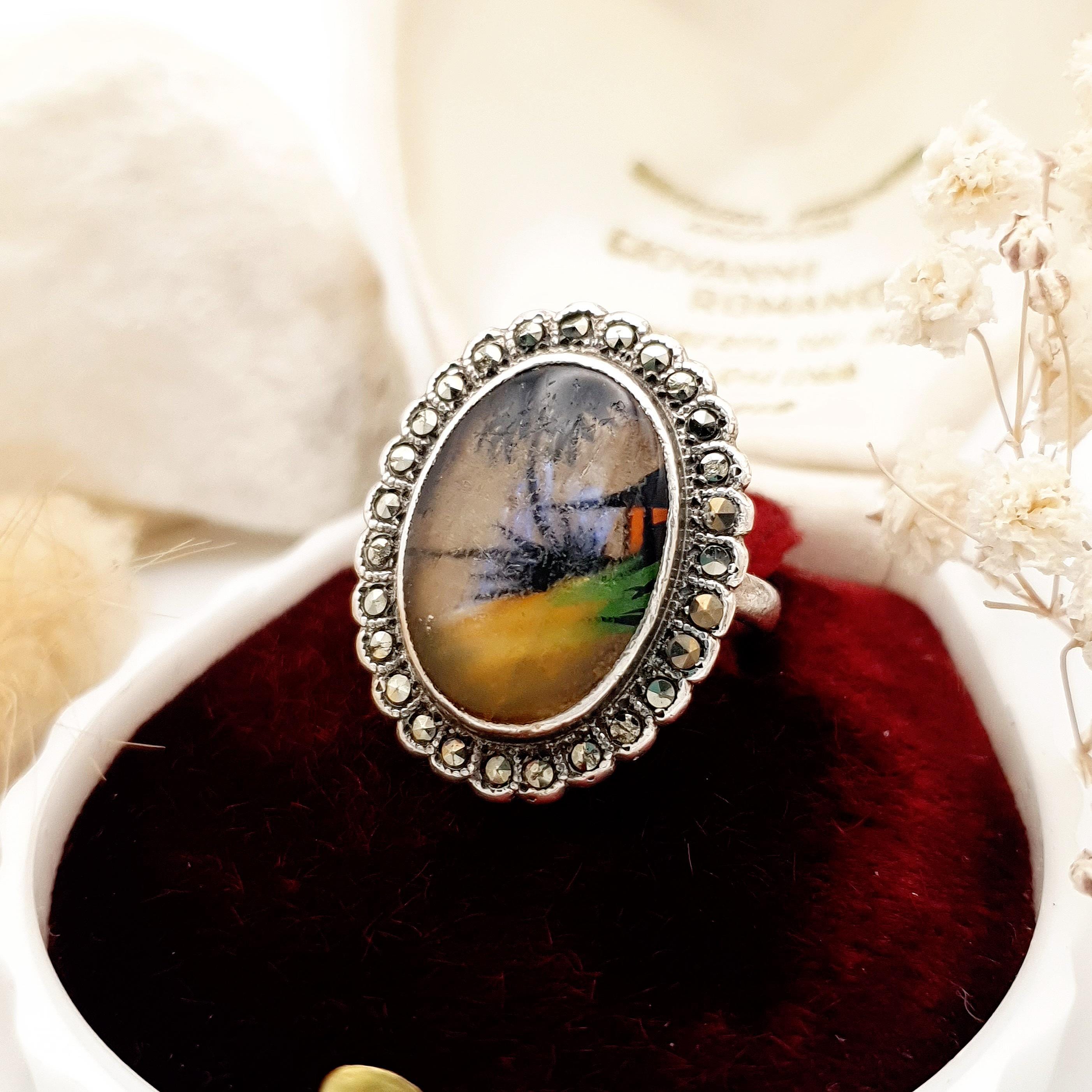Bague Ancienne Femme En Argent Massif Avec Marcassite Et Pierres Multicolores - Taille 56 - Occasion TBE