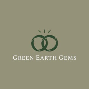 May include: Logo for "Green Earth Gems" on a muted green background. The logo features two interlocking dark green rings with a stylized sunburst above them. The text "GREEN EARTH GEMS" is in white.