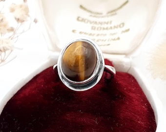 Vintage Tigerauge Sterling Silber Ring: Oval Boho Design - UK L1/2 US 6