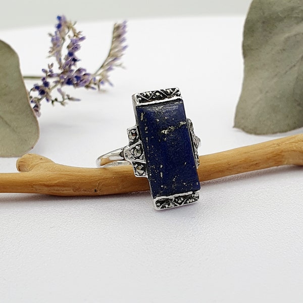 Vintage lapis lazuli art deco style statement solid 925 sterling silver baguette tension ring, UK size K1/2, US size 5.5, EU size 50