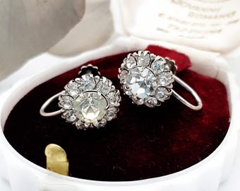 Art Deco 1930s Sterling Silver Clear Paste Earrings: Screw Back Studs Flower