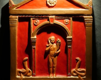 Handmade Harpocrates Naiskos Relief, Graeco-Egyptian Sculpture