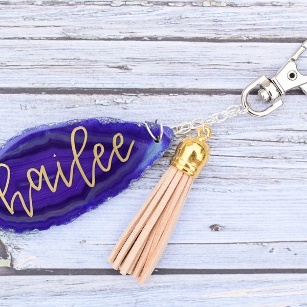 Monogram Agate tranche porte-clé avec pompon-Womens-Custom-mariage-demoiselle d’honneur-graduation-fille-anniversaire-cadeau-calligraphie-personnalisé-mère