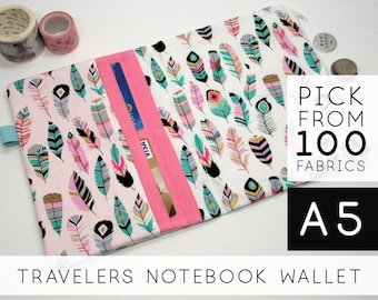 May include: A pink and white fabric wallet with a feather pattern. The wallet has a pink zipper and a card slot. The text "PICK FROM 100 FABRICS" and "A5 TRAVELERS NOTEBOOK WALLET" is printed on the image.