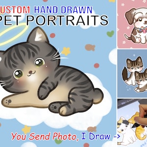 Dibujo de gato de dibujos animados personalizado, dibujo divertido de retrato digital kawaii de mascota, boceto personalizado de animal, regalo de impresión de pared, foto, POR10102