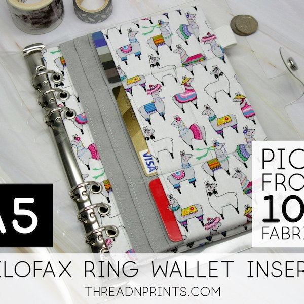 Coin Portemonnee Portemonnee Met Rits voor 6 Ring Binder Journal A5 | Maat A5, 3 of 6 ringen, FEAT01 R02 Grijs Wit Lama + Wit