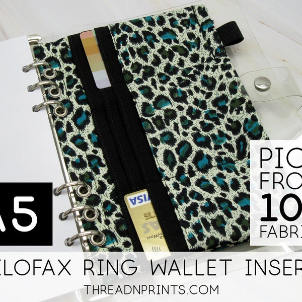 Cute Simple Wallet for Filofax A5 Organiser Finsbury | Size A5, 3 or 6 Rings, FEAT01 R08 Blue Ocelot + Black