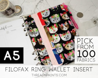 Coin Purse Credit Card Holder for A5 Ring Planner Dividers | Size A5, 3 or 6 Rings, FEAT01 R23 Flower Cat Faces + Pink
