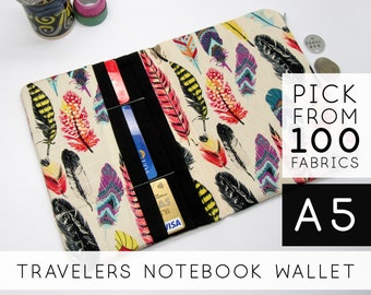 Pochette zippée pour carnet de notes pour voyageur fait main, pochette pour agenda | format A5, 12 emplacements | Plume colorée (H)