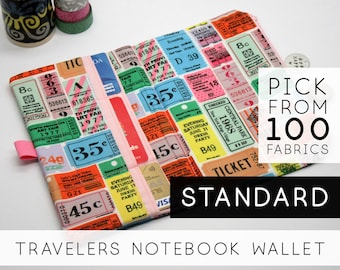 May include: A pink and yellow fabric wallet with a vintage ticket pattern. The wallet is closed and has a pink strap. The text "STANDARD TRAVELERS NOTEBOOK WALLET" is printed below the wallet. The text "PICK FROM 100 FABRICS" is printed in a white box on the right side of the image.