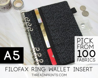 Inserto de billetera para cuaderno para recambio de agenda Filofax 2022 A5 / Tamaño A5, 3 o 6 anillas, FEAT01 R11 Remolino gris sobre negro + negro