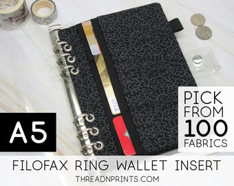 Notebook Wallet Insert for Filofax 2022 Diary Refill A5 | Size A5, 3 or 6 Rings, FEAT01 R11 Grey Swirl On Black + Black