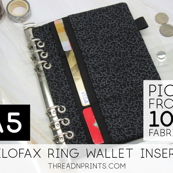 Notebook Wallet Insert for Filofax 2022 Diary Refill A5 / Size A5, 3 o 6 Rings, FEAT01 R11 Grey Swirl On Black + Negro