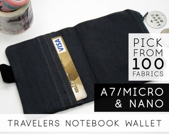 May include: A black fabric wallet with a zipper closure and a credit card slot. The wallet is open to show the interior. The text "PICK FROM 100 FABRICS" and "A7/MICRO & NANO" is visible on the image. The text "TRAVELERS NOTEBOOK WALLET" is visible at the bottom of the image.