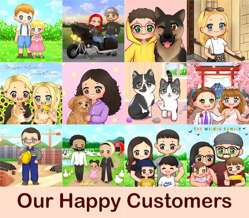 Custom Family Portrait Illustration, Custom Couple Portrait, Personalized Wedding Gift, Couples Drawing Anime FEAT01 P15, 2D Portrait image 7