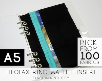 Zipper Pouch Credit Card Holder for A5 6 Ring Planner Cover | Size A5, 3 or 6 Rings, FEAT01 R12 Black Turquoise