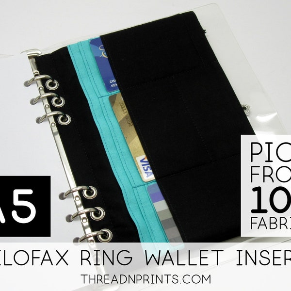 Zipper Pouch Support de carte de crédit pour A5 6 Ring Planner Cover | Taille A5, 3 ou 6 Bagues, FEAT01 R12 Noir Turquoise