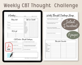 Weekly CBT Thought challenging worksheet | CBT for anxiety, Self care journal, Psychology digital printables | GoodNotes Templates | PDF