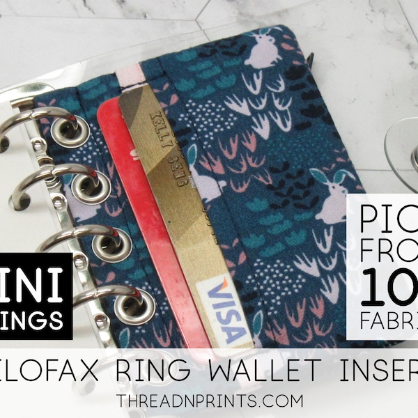 Gepersonaliseerde portemonnee kaarthouder voor ringband notebook kleine | Maat Mini, 5 Ringen, FEAT01 R01 Bos Wit Konijn + Roze