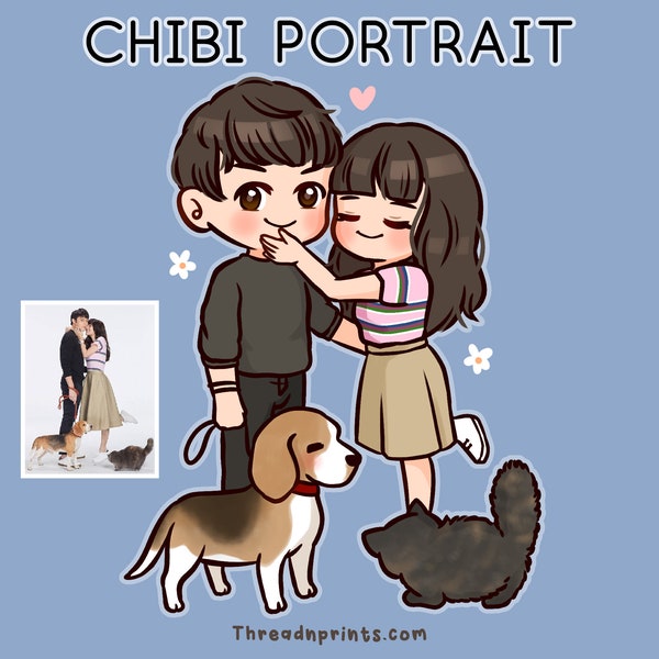 Custom Portrait Drawing, Cartoon Family Portrait With Pet, Custom Couple Gift, Digital Portrait Commission | FEAT01 P08, 2D Portrait