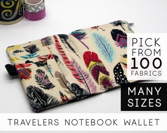 May include: A traveler's notebook wallet with a zipper closure and a feather print fabric. The wallet is available in many sizes and 100 different fabrics. "PICK FROM 100 FABRICS MANY SIZES TRAVELERS NOTEBOOK WALLET" text is visible on the image.