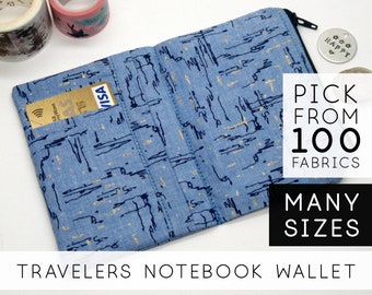 Credit Card Zipper Wallet Insert for Midori Travelers Notebook Passport, Wellness Planner Journal |Passport Size, Blue Gold Scribbles (V)