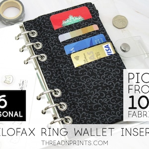 Carpeta con cremallera tipo billetera para agendas con anillas, tamaño A6, personal, 3 o 6 anillas, FEAT01 R26, espiral gris sobre negro