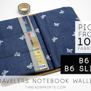 Kreditkarten-Reißverschluss-Geldbörsen-Einsatz für Reisende, Notebook-Stoffhülle, Gesundheitsplaner, Journal 15x20, B6 & B6 Slim, Denim Schmetterlinge (H)