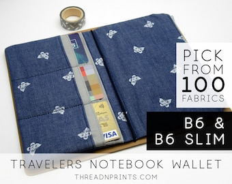 May include: A blue fabric wallet with white butterfly designs. The wallet is open to show the interior card slots and a zippered pocket. The text "PICK FROM 100 FABRICS B6 & B6 SLIM TRAVELERS NOTEBOOK WALLET THREADNPRINTS.COM" is printed on the bottom of the image.