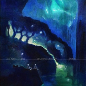 Aurora Blues - Art Print | A4 size | Dreamy Night Sky Art Print, Full Moon, Celestial Art, Northern lights, Stargazing
