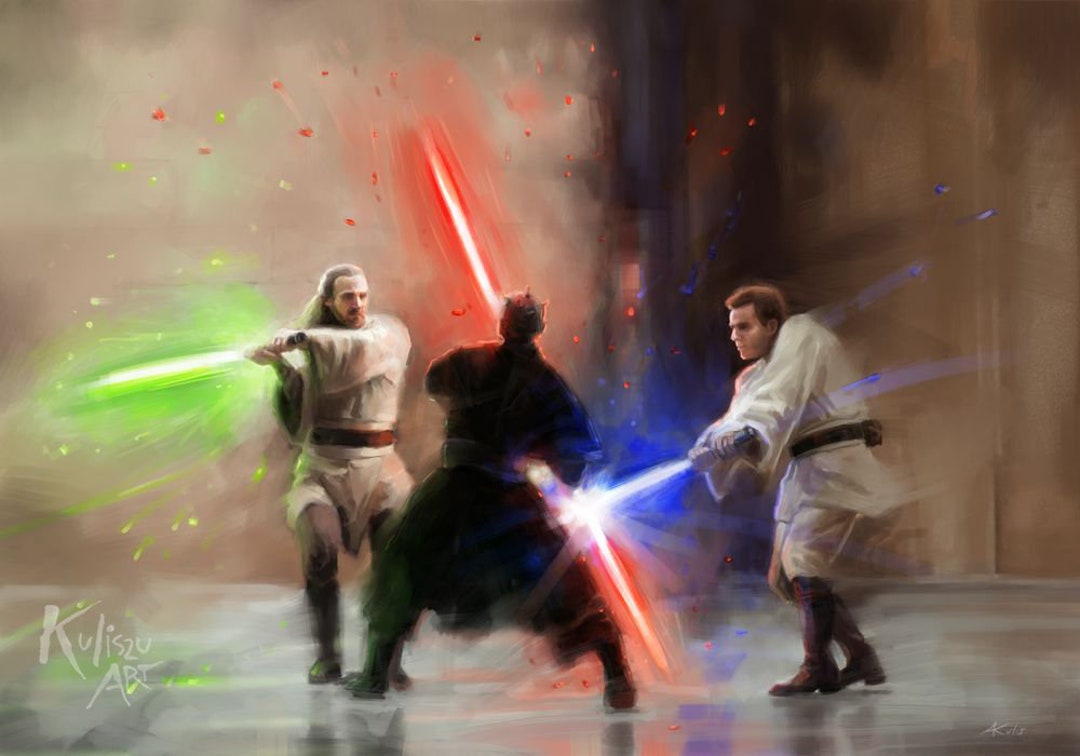 Duel of the Fates Print Quigon and Obiwan Vs. Darth Maul Etsy