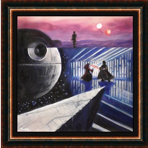 Op de afbeelding: Een schilderij dat een scène uit Star Wars voorstelt. De Death Star is op de achtergrond te zien, met twee zonnen aan de hemel. Op de voorgrond vechten Darth Vader en Luke Skywalker met lichtzwaarden.