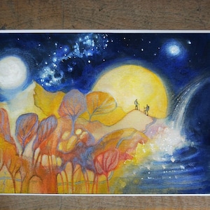 Autumn Hike in Space - Art Print | A4 size | Dreamy Night Sky, Full Moon, Couple Hiking in Fall