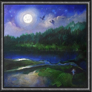 Surreal Moonlit Landscape Painting: Whimsical Fantasy Art (10x10)