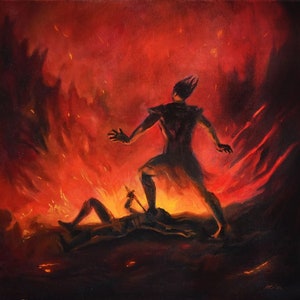 Fingolfin vs Morgoth Triptych part 3:  Last and Desperate Stroke - Print from oil painting 16&quot;x16&quot;  || original Silmarillion art
