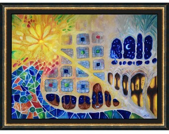 May include: A colorful abstract painting with a mosaic pattern, a grid of squares, and a night sky with stars and a crescent moon. The painting is done in shades of blue, green, yellow, red, and brown.