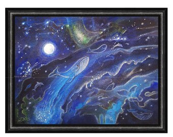 Space Whales - original painting | Fantasy landscape | Handmade, mysterious, surrealist, cosmos wall art