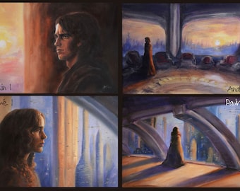 May include: A collage of four paintings depicting scenes from a science fiction movie. The top left painting shows a man looking out a window at a sunset. The top right painting shows a woman standing in a futuristic city. The bottom left painting shows a woman looking out a window at a futuristic city. The bottom right painting shows a woman standing in a futuristic city.