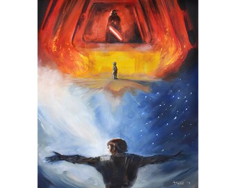 May include: An oil painting depicting a dark figure in black armor holding a glowing red lightsaber within a fiery orange and red structure, with a small figure standing before it, and a figure in black robes reaching out in a blue starry space.