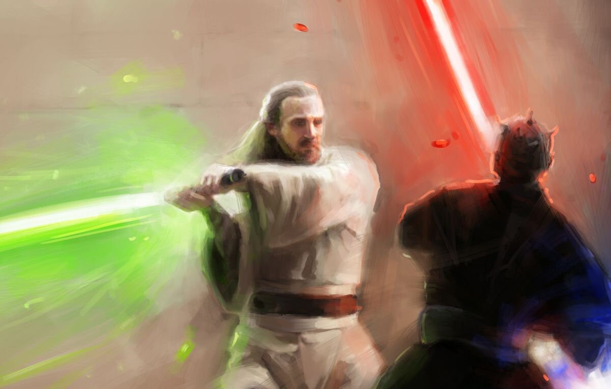 Star Wars handmade oil painting - Darth Maul killing Qui-Gon Jinn fan art