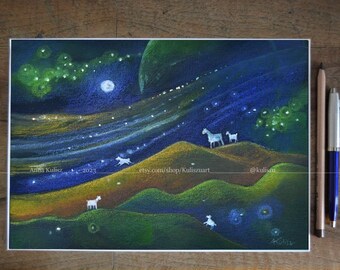 May include: A whimsical painting of a starry night sky with a green planet and a moon. The painting features white silhouettes of animals walking on rolling hills. The text "etsy.com/shop/Kuliszuart" is visible in the bottom center of the painting.