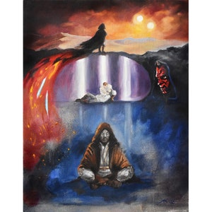 Peut inclure: Une peinture représentant une scène de Star Wars. Une figure vêtue d'une robe brune médite, avec une silhouette sombre en arrière-plan. La scène se déroule sur fond de ciel orange flamboyant avec deux soleils.