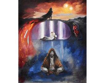 May include: An oil painting depicting a figure in a brown robe meditating in the foreground, with a scene above showing a figure in a black cloak standing on a cliff under two suns, a figure holding another, and a red and black face in the shadows.