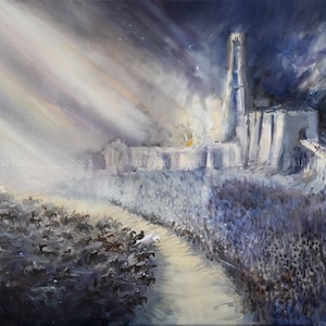 Peut inclure: Une peinture représentant une scène d'une grande armée marchant vers un bâtiment blanc et haut avec une flèche. Le bâtiment est englouti par les flammes et la fumée. Le ciel est sombre et orageux, avec des rayons de lumière traversant les nuages. La peinture est réalisée dans un style réaliste, avec un accent sur les détails et la texture.