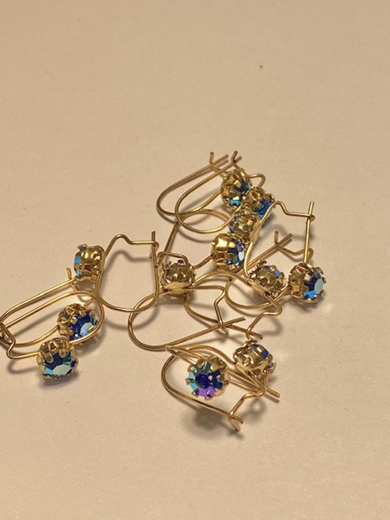 15 Pairs Gold Plated Rhinestone ear wires Sapphire AB Glass Stones