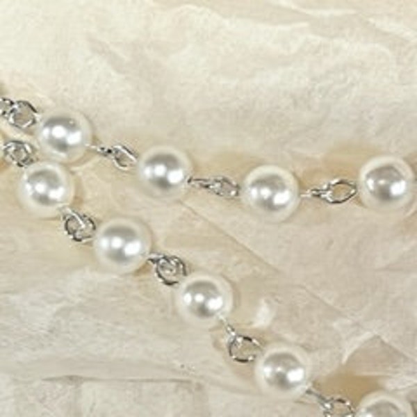 10 FEET  Silver plated 6MM white pearl link chain, plastic