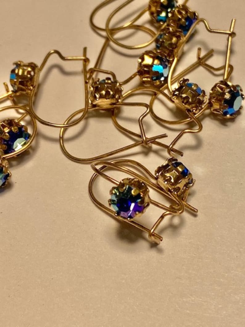 15 Pairs Gold Plated Rhinestone ear wires Sapphire AB Glass Stones