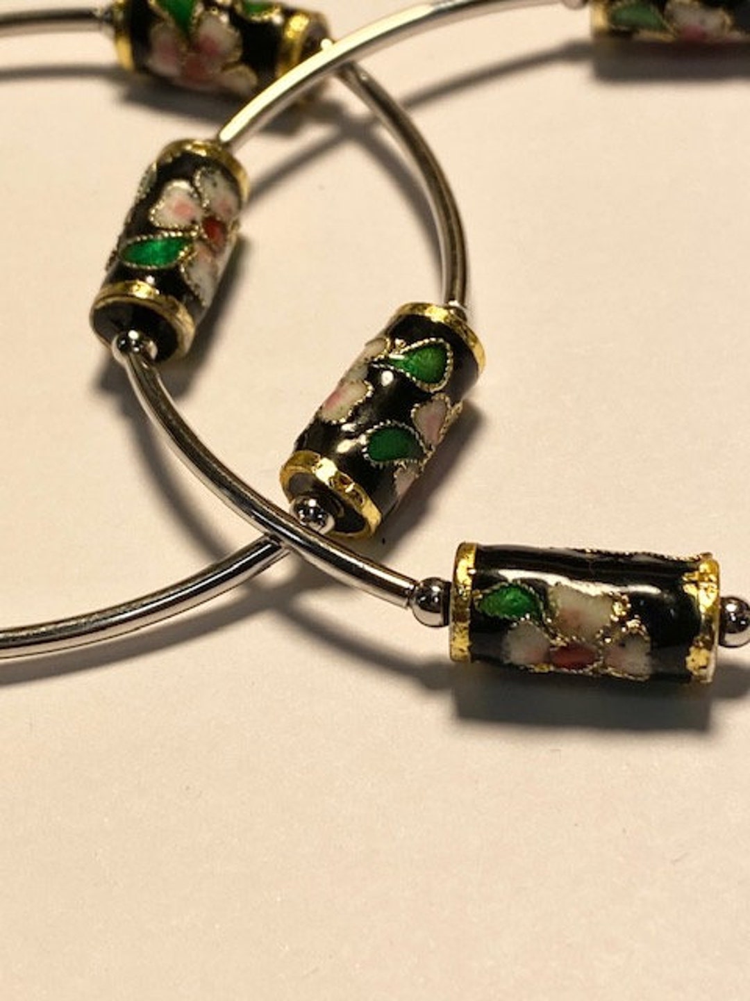 1 Set Genuine Cloisonne Stretch Bracelet Silver Plate Black Etsy