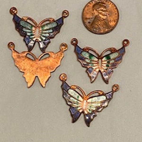 6 Pieces Vintage Copper Enameled Butterfly, Light Blue and Purple