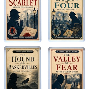 May include: Four rectangular magnets showcasing Sherlock Holmes book covers. Titles include "A Study in Scarlet," "The Sign of Four," "The Hound of the Baskervilles," and "The Valley of Fear." Each features a silhouette of Sherlock Holmes.